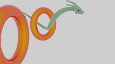 Beyaz arka planda turuncu halkaların içinden uçan Asyalı büyülü yeşil ejderha. Tasarım. Geleneksel Doğu ejderhaları hareket halinde, Asya kültüründe fantezi hayvanları.