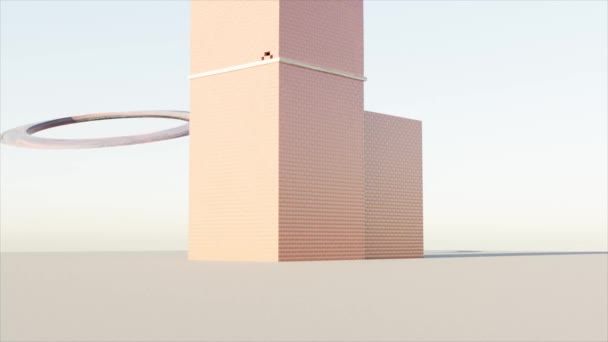 Abstraktní béžová věž z kostek je ničena malým diskem. Design. Geometrická postava barevné abstrakce rozpadající se na malé kousky. — Stock video