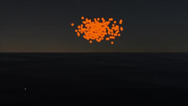 Partículas laranja abstratas que se reúnem e se espalham sobre um fundo escuro. Desenho. Nuvem de esferas brilhantes com a reflexão. — Vídeo de Stock