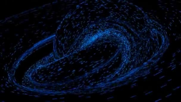 Partículas coloridas abstractas creando galaxia transformadora en el espacio exterior. Diseño. Pequeños puntos volando en una espiral aislada sobre un fondo negro. — Vídeos de Stock