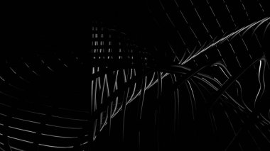 Soyut monokrom spiral elementler siyah bir zemin üzerinde, pürüzsüz bir döngü oluşturur. Tasarım. Bükülmüş siyah ve beyaz üç boyutlu çizgiler hiç durmadan dönüyor..