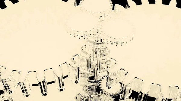 Snel roterende monochrome metalen tandwielen of tandwielen, machinale achtergrond. Ontwerp. 3D spinning mechanisme van een gigantische machine in zwart-wit kleuren. — Stockfoto