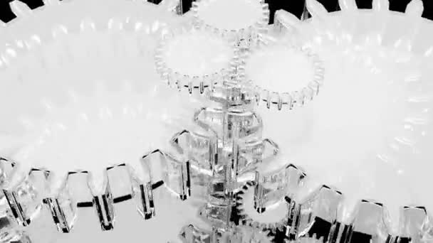 Engrenages ou engrenages métalliques monochromes à rotation rapide, fond de machine. Design. Mécanisme de rotation 3D d'une machine géante en noir et blanc. — Video