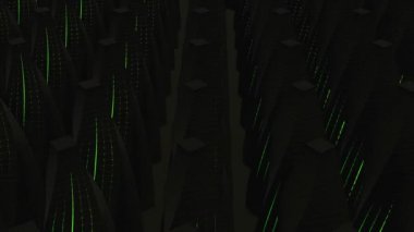 Neon çizgileri olan külahlar. Tasarım. İnce neon çizgilerle parlayan koyu renkli kozalaklı animasyon. Neon çizgileri olan bir sürü koyu üçgen modül.
