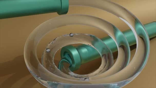 El agua se mueve en tubo espiral. Diseño. Animación 3D del agua subiendo por el tubo espiral hacia la tubería. El agua sube tubo espiral transparente sobre fondo de color brillante — Vídeos de Stock
