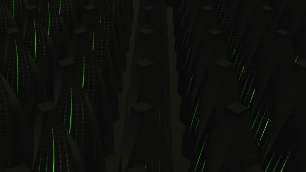 Des rangées de cônes avec des lignes au néon. Design. Animation avec des rangées sombres de cônes lumineux avec de fines lignes de néon. Beaucoup de modules triangulaires sombres avec des lignes néon — Video