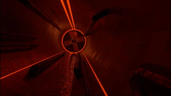 In einem schmutzigen dunklen unterirdischen Tunnel mit roter Beleuchtung und sich drehenden Lüftungsgittern. Design. Kanalisation und fließendes Abwasser. — Stockfoto