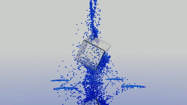 Mavi silueti dönen ve küçük toz parçacıklarıyla çevrili soyut şeffaf küp. Tasarım. Geometrik şekil renkli soyutlama. — Stok fotoğraf