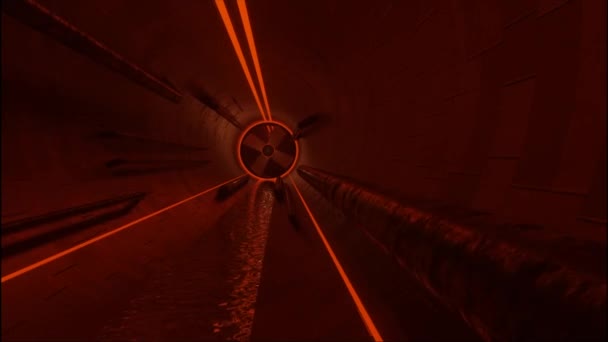 Vliegen in smerige donkere ondergrondse tunnel met roodverlichting en draaiende bladen van ventilatierooster. Ontwerp. Riolering en stromend afvalwater. — Stockvideo
