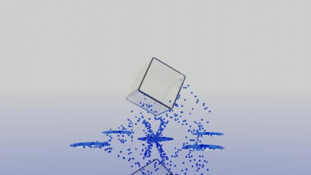 Cubo transparente abstracto con silueta azul girando rodeado de pequeñas partículas de polvo. Diseño. Figura geométrica abstracción colorida. — Vídeo de stock