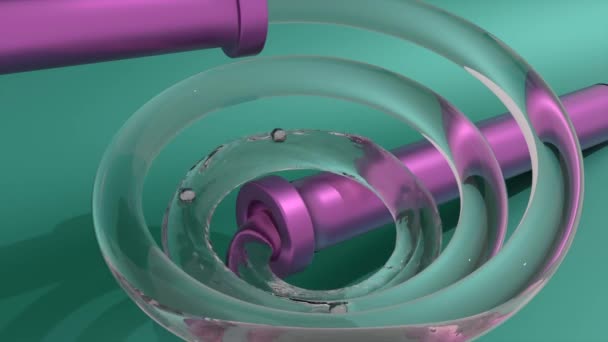 A água move-se em tubo espiral. Desenho. Animação 3D de água subindo tubo espiral em tubo. Água se move para cima tubo espiral transparente no fundo colorido brilhante — Vídeo de Stock