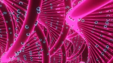 Dönüşümlü renkli genetik spiraller. Tasarım. Noktalı genetik spirallere yakın çekim. Enfekte olmuş noktaları olan bir sürü parlak genetik spiral.