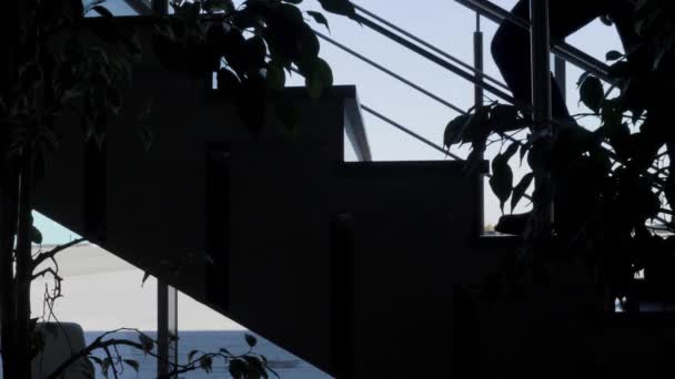 Vista lateral de escaleras oscuras escondidas en la sombra con gente caminando. HDR. Silueta de escaleras decoradas por plantas frente a ventanas panorámicas. — Vídeos de Stock