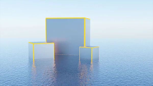 Decoración virtual 3d con cubos. Diseño. Diseño elegante de paisajes virtuales con cubos de diferentes tamaños y líneas de neón. Hermosos cubos con marcos de neón sobre fondo aislado Fotos De Stock Sin Royalties Gratis