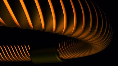 Eğri 3D tüp siyah arkaplanda hareket ediyor. Tasarım. Tüp modeli karanlık uzayda hareket eder. Aydınlık kesikli tüp eğimli hareket eder