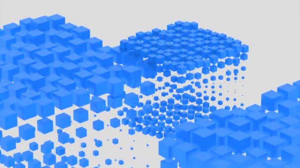 Cubos movem-se no ar. Desenho. Cubos coloridos no espaço virtual se movem para cima e para baixo. Cubos de tamanhos diferentes se movem na ausência de peso no fundo branco — Vídeo de Stock