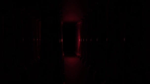 Темный коридор с приближающейся темнотой. Дизайн. Темный коридор с движущимся неоновым светом и темнотой в конце. Слабый свет приближается по темному коридору и исчезает во тьме. — стоковое видео
