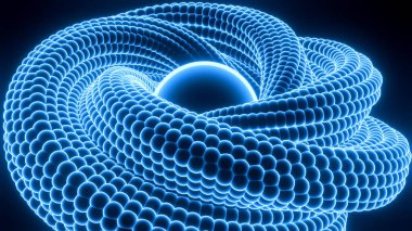 Üç boyutlu kablo düğümleniyor. Tasarım. Spiral kıvrımlar küre etrafında düğümleniyor. 3 boyutlu spiralden oluşan girdap halkalı küre