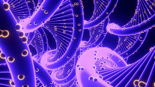 3D-Spiralen, die sich mit Punkten drehen. Design. Korallenspiralen mit Punkten rotieren auf schwarzem Hintergrund. Viele DNA-Spiralen mit viralen Punkten rotieren im Raum — Stockfoto