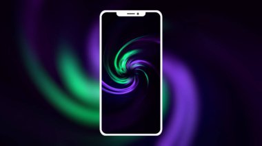 Siyah arka planda bulanık animasyonu olan yeni bir akıllı telefonun soyut silueti. Hareket. Bir telefon ekranında dönen renkli spiral.