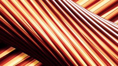 Turuncu ve kırmızı dönen 3D tüp kıvrımlı parlayan çizgilerle kaplı, pürüzsüz döngü. Hareket. Çapraz renkli çizgiler dönen büyük tüpün arkasında yavaşça akıyor..