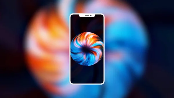 Silueta abstracta de un nuevo smartphone con animación borrosa detrás sobre fondo negro. Moción. Girando espiral colorida en una pantalla del teléfono. —  Fotos de Stock