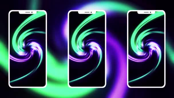 Abstrakte Smartphones mit bunten rotierenden Spiralen. Bewegung. Präsentation neuer hochwertiger Smartphones, Konzept moderner Technologien und Design. — Stockvideo