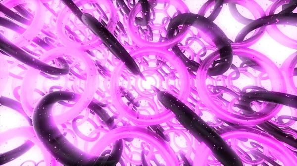Κινούμενο σχέδιο με πολλά περιστρεφόμενα δαχτυλίδια σε αλυσίδες. Κίνηση. Το πλήθος των τρισδιάστατων δακτυλίων περιστρέφεται σε αλυσίδες που ακτινοβολούν χρωματιστό φως. Άπειρος χώρος περιστρεφόμενων χρωματιστών δακτυλίων σε αλυσίδες — Φωτογραφία Αρχείου