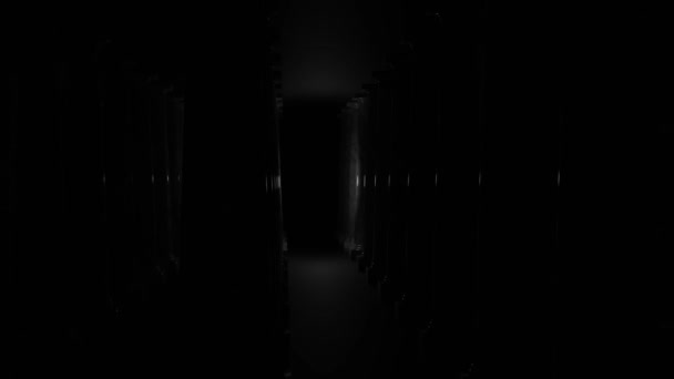 Couloir sombre avec obscurité proche. Design. Couloir sombre avec lumière au néon mouvante avec obscurité à la fin. La faible lumière s'approche le long du couloir sombre et disparaît dans l'obscurité — Video