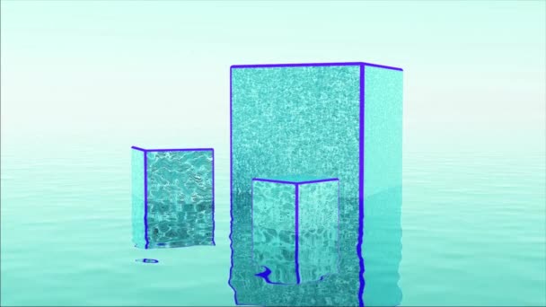 Abstract kleurrijke achtergrond met heldere drie blokjes op het wateroppervlak. Ontwerp. Blauwe 3D kubieke figuren met ruw oppervlak in surrealistisch landschap. — Stockvideo