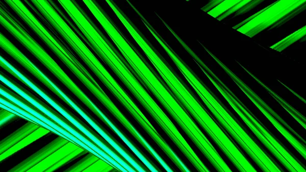 Green and black spinning 3D tube covered by twisting glowing lines, seamless loop. Motion. Diagonal colorful stripes flowing slowly behind rotating big tube. — Stock Photo, Image