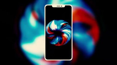 Siyah arka planda bulanık animasyonu olan yeni bir akıllı telefonun soyut silueti. Hareket. Bir telefon ekranında dönen renkli spiral.