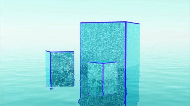 Su yüzeyinde duran üç parlak küp ile soyut renkli arka plan. Tasarım. Gerçeküstü manzarada pürüzlü yüzeyi olan mavi 3D küp figürler.