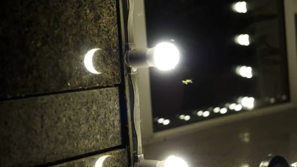 Las mariposas acuden a la bombilla ardiente. HDR. Acercamiento de polillas y moscas vuelan cerca de la lámpara en una pared del edificio por la noche. — Foto de Stock