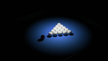 Üç boyutlu bilardo animasyonu. Tasarım. Bilardo masasındaki top üçgeninden seçici ışık. Bilardo toplarının kırılma üçgeni