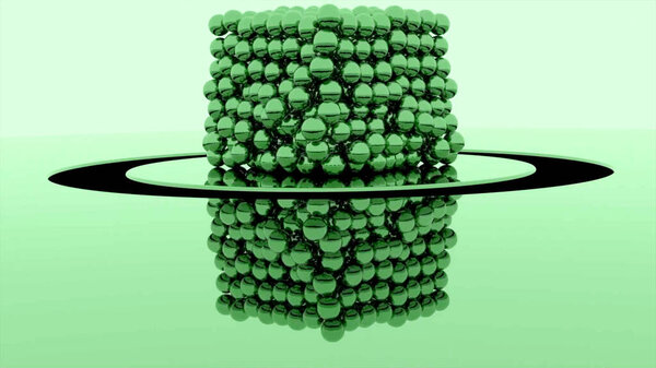 Куб шаров распадается на изолированном фоне. Дизайн. 3D куб спускается на поверхность и расщепляется на маленькие шары. Куб распадается на шары, падающие в бездну вокруг круга