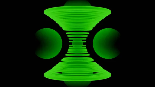リングの螺旋状のボール。デザイン。黒の背景に砂時計のリングの3Dスパイラル。ボールのための重力場を作るリングの動き — ストック写真