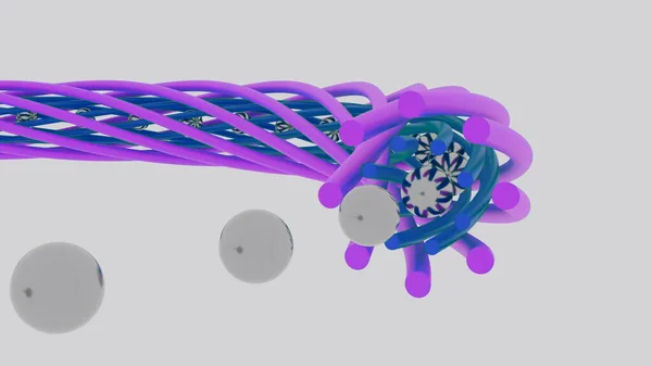 3D animáció a spirálban mozgó golyókról. Tervezés. A golyók alakzatban mozognak egy keskeny forgó alagútban. A golyók spirális vonalban mozognak és alakulnak át. — Stock Fotó