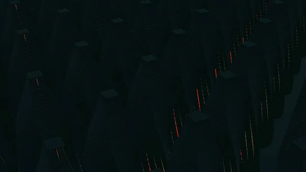 Filas futuristas de conos. Diseño. Las filas negras de conos destacan con líneas brillantes de neón en el espacio oscuro. Los conos cibernéticos con líneas de neón contienen datos de información —  Fotos de Stock