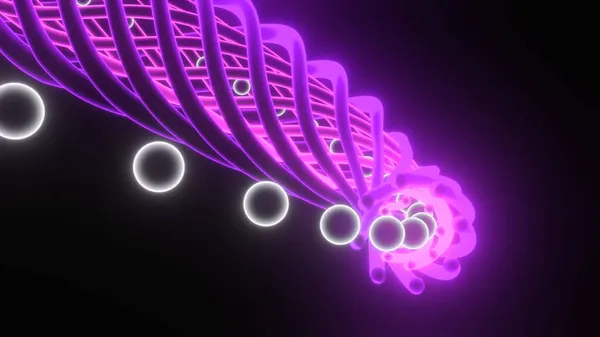 Piłki poruszają się w spirali. Projektowanie. Świecące kulki poruszają się w linii w neonowej spirali. 3D kulki poruszają się w obrotowej spirali — Zdjęcie stockowe