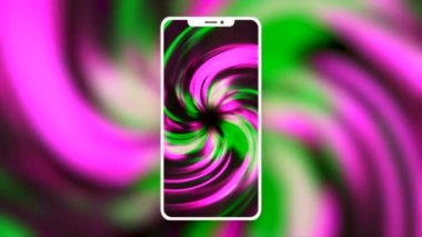 Sarmalı akıllı telefon ekranı. Hareket. Sıçrama ekranlı yeni bir telefon modeli. Telefon ekranında renkli spiral batıyor ve hipnotize oluyor. Akıllı telefon için reklam animasyonu