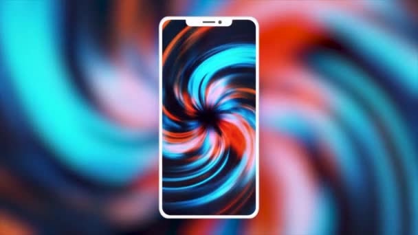 Tela de smartphone com espiral. Moção. Tela brilhante do novo modelo de telefone com tela salpicada. espiral colorido na tela do telefone imerge e hipnotiza. Animação publicitária para smartphone — Vídeo de Stock