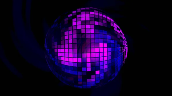 Boule miroir disco aux couleurs violettes entourée de rayures sombres, boucle transparente. Design. Spinning sphère pixélisée rétro. — Photo