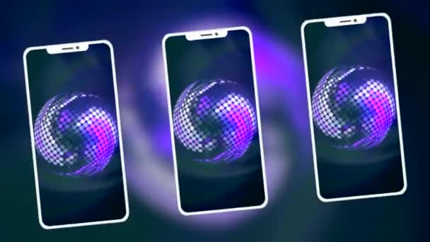 Background with multiple phones. Motion. Bright moving screensavers on screens of new phones. Advertising animation with new phones and bright screensavers — Stock Video