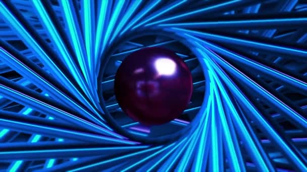 Ball in rotating 3d spiral of metal lines. Motion. 3D animation with shiny ball in center of rotating lines. Lines move in spiral framing ball in center — Stock Video