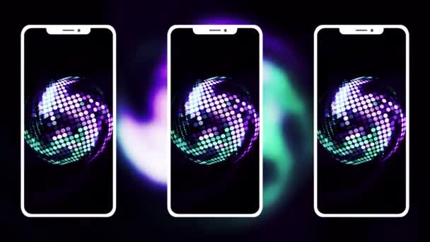 Smartphones abstratos com espiral rotativa colorida. Moção. Apresentação de novos smartphones de alta qualidade, conceito de tecnologias modernas e design. — Vídeo de Stock