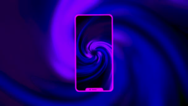 Abstrakt siluett av en ny ny smartphone med suddig animation bakom den på svart bakgrund. Rörelse. Roterande färgglada spiral på en telefonskärm. — Stockvideo