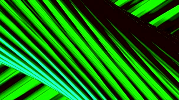 Green and black spinning 3D tube covered by twisting glowing lines, seamless loop. Motion. Diagonal colorful stripes flowing slowly behind rotating big tube. — Stock Video