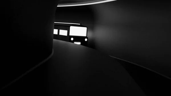 Az alagútban közlekedő vonat. Tervezés. Animáció mozgó vonat izzó fényszórókkal sötét alagútban. 3D izzó vonatutak alagútban — Stock Fotó