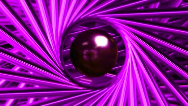 Μπάλα σε περιστρεφόμενη 3d σπείρα των μεταλλικών γραμμών. Κίνηση. 3D animation με γυαλιστερή μπάλα στο κέντρο των περιστρεφόμενων γραμμών. Γραμμές κίνηση σε σπιράλ πλαίσιο μπάλα στο κέντρο — Αρχείο Βίντεο